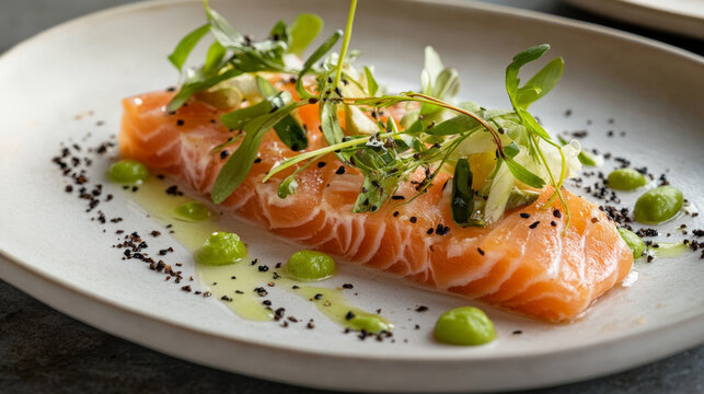 Gourmet salmon fillet with vibrant green puree and fresh herbs on a white plate