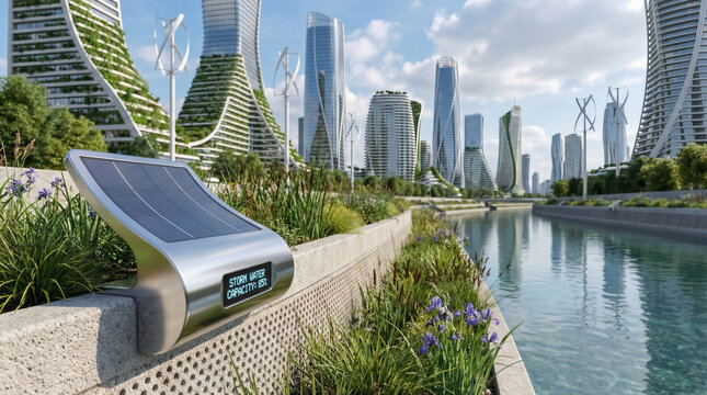 Solar powered sensor tracking stormwater in advanced eco city canal system