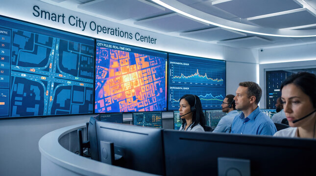Smart city control room monitoring traffic data and urban systems in real time