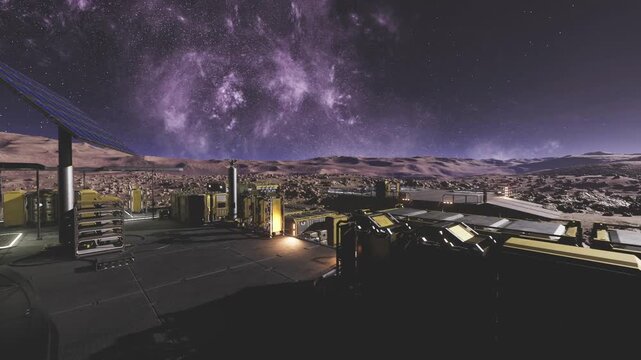 dusk industrial power hub with glowing reactors and pipe network, vent stacks and maintenance scaffold, amber illumination casting long shadows across service