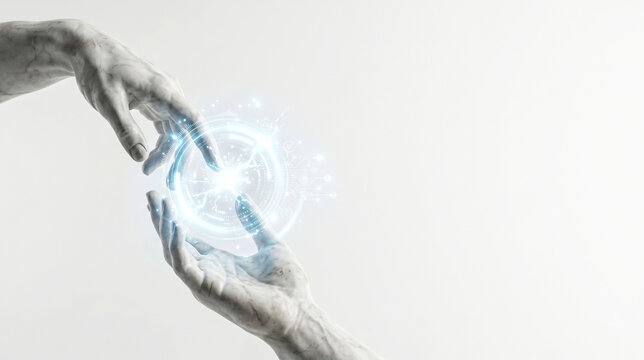 3D render of classical marble hands reaching toward a glowing digital interface and spark of light on a white background with negative space