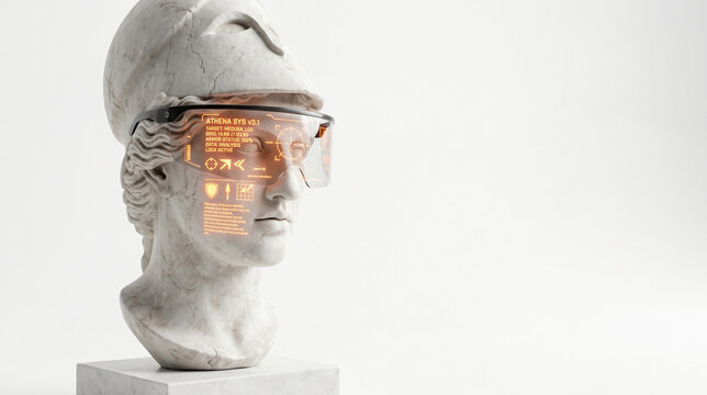 3D render of a classical marble head of Athena wearing a futuristic AR glass visor with glowing orange HUD data. Minimalist style on a white background with copy space