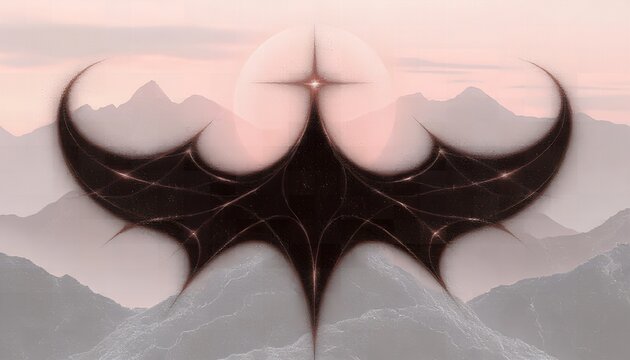 A futuristic abstract design with a black and pink shape set against a backdrop of mountains and a pastel sky