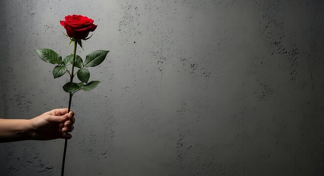 A hand holding a single red rose against a dark gray background
