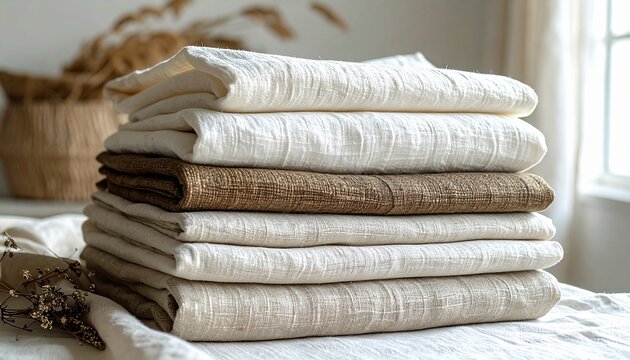 Stack of folded blankets and towels.