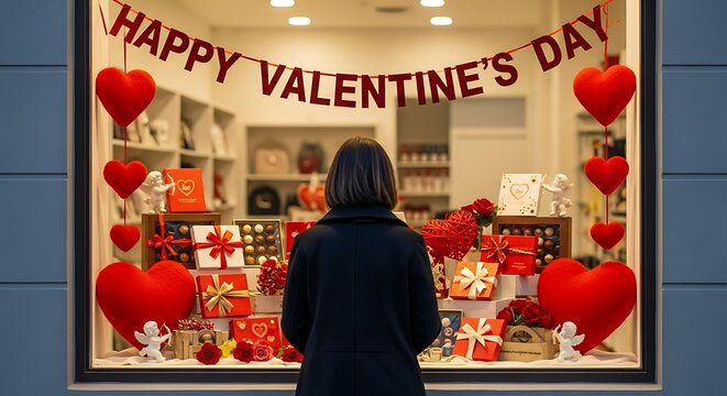 A woman in a black coat looks at a Valentine's Day store window display with red hearts and gifts