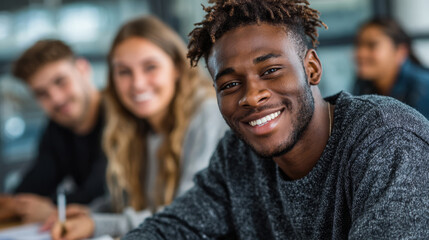 Fototapeta premium Young diverse students smiling and studying together in a bright classroom setting