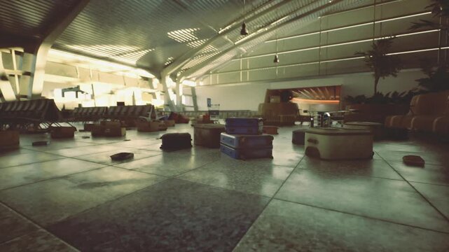 wide minimalist terminal with scattered luggage and sweeping skylight, open spacious floor, geometric patterns in tile, steel and glass canopy, serene emptiness