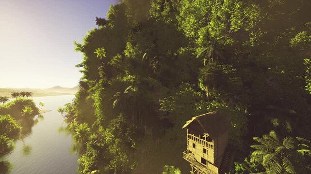 field research hut on rainforest cliff overlooking river, simple wooden platform used for observation and monitoring, emphasis on conservation, biodiversity,