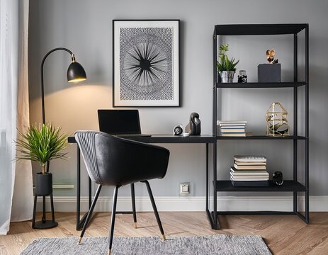 fancy interior design of home office space with stylish chair desk commode black mock up poster frame lapatop book desk organizer and elegant presonal accessories in home decor
