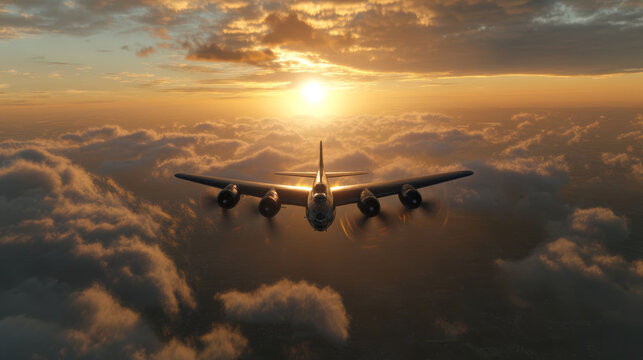 Vintage bomber aircraft flying through clouds at sunset with sun flare