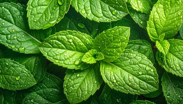 Fresh green mint leaves with water drops.