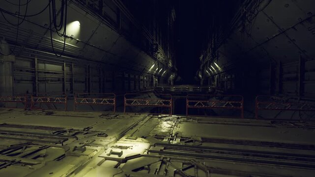 Long utility tunnel with reflective floor and sparse uplighting, network of pipes, grated platforms and distant merge of corridors creating cinematic depth.