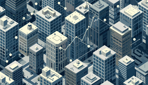 A cool-toned, isometric illustration of a city. Ideal for backgrounds, website graphics, or conveying a sense of modern urban planning and connectivit