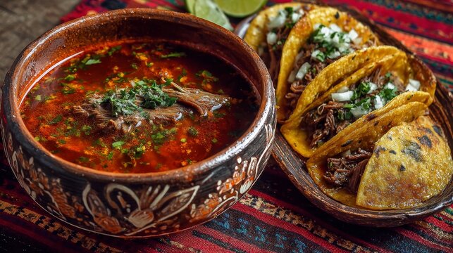 Traditional Mexican birria consom&eacute; soup served with four tacos filled with stewed beef.