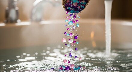 Obraz premium A spoon pouring colorful crystals into a sink filled with water in a modern kitchen