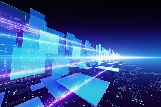 A vibrant digital landscape showcasing futuristic blue and purple elements with sleek light effects.