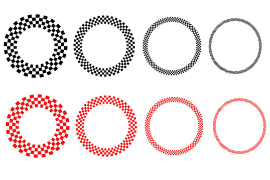 Checkered circle frames and round racing borders set, geometric vector badge elements in black and red