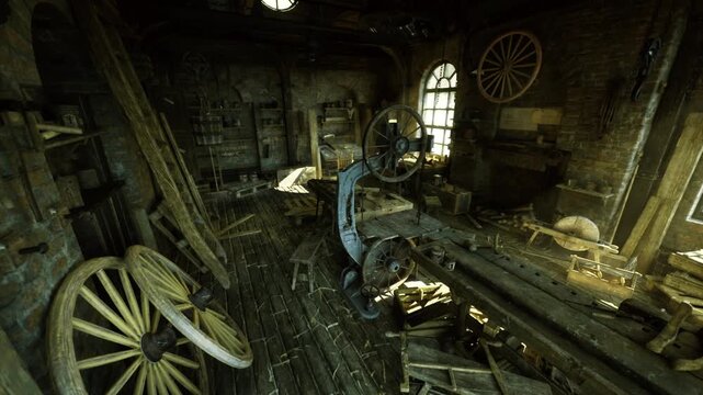 Large wooden wheel leaning against bench. Corroded metal fittings, layered dust, scattered planks, ladder silhouettes, soft window highlights, evocative decay,