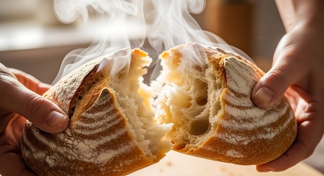 A person breaking a loaf of steaming hot bread in half with both hands