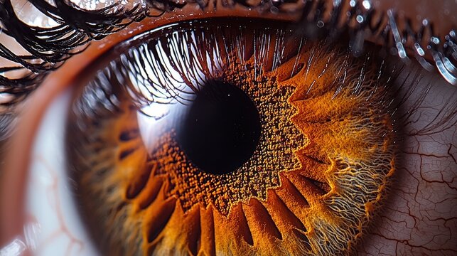 Iris pattern uniqueness extreme detail macro showcasing radial striations crypts amber brown golden tones corneal surface eyelashes framing