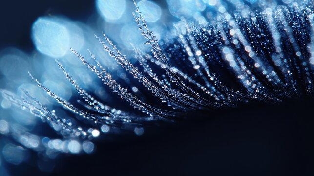 Lash curl pattern macro shot natural C-shaped curve water droplets individual lash strands fiber texture blue background artistic lighting