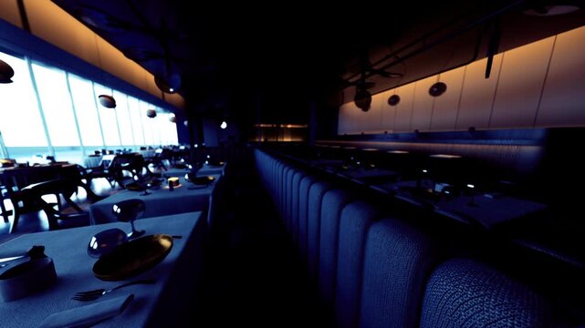 Quiet pre service dining corridor with long booth divider and linear perspective, muted blue lighting, tables set and awaiting guests, calm staff passageway