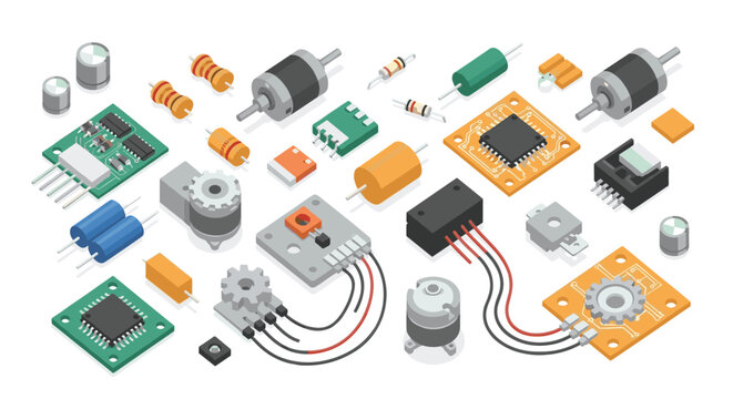 A comprehensive isometric collection of colorful electronic components like resistors and microchips rests neatly on a bright and sterile white background surface.