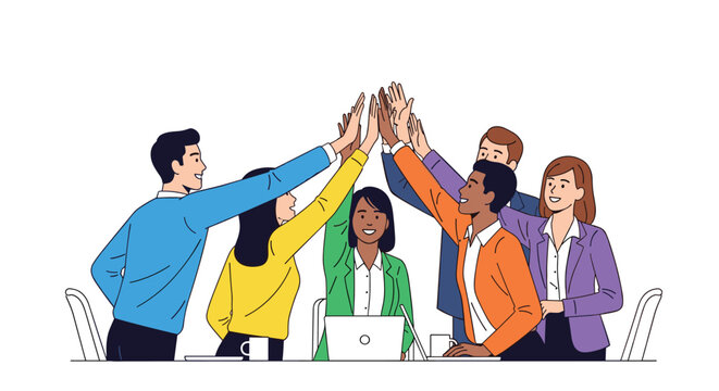 A diverse group of six enthusiastic office professionals in vibrant business attire join together for a collective high five over their shared workspace.