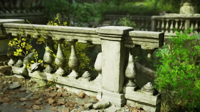 Sunlit austrian balusters with yellow blooms and fresh green shoots along cracked stone intimate garden detail shows nature reclaiming classical ornament,