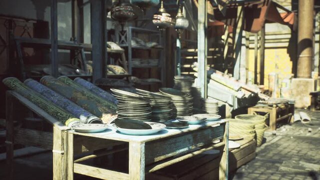 Morocco ceramics market catching morning light, vendor arranging pottery on wooden table, glazed bowls and plates reflecting warm tones, patterned rug underfoot