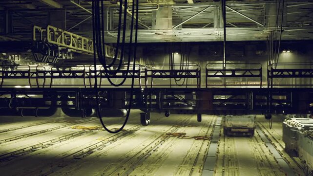 Vast overhead industrial ceiling drenched in greenish light, network of pipes and suspended catwalks, dusty floor tracks, heavy cables hanging from rafters,