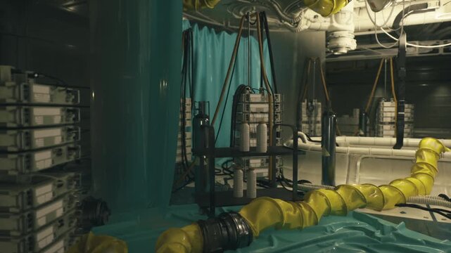 Space station interior with leaking containment, yellow ventilation ducting and teal protective tarps around cylindrical canisters on metal cradle, ambient