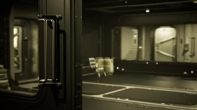 Abandoned habitat module with doorway framing empty interior, sepia lighting casting long shadows, scuffed floors, unattended seats, closed hatch at far end,