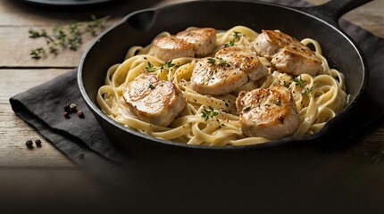 Fototapeta premium Pan-seared scallops with creamy pasta in cast iron skillet, garnished with fresh herbs and black pepper for gourmet seafood dining experience.