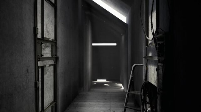 Access shaft filled with tangled cables, broken panels and ladder propped for reach, dust particles visible in directional light, industrial hazard tone
