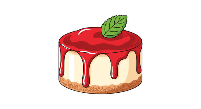 A delicious miniature cheesecake with a golden graham cracker crust and vibrant red strawberry glaze sits elegantly topped with a single fresh green mint leaf.
