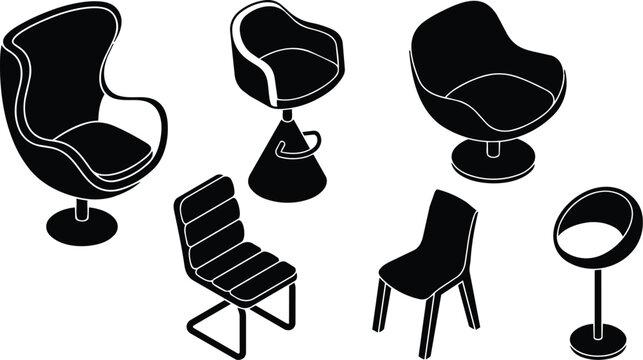 Black and white midcentury chair set with egg swivel lounge bar and cantilever seats vector art