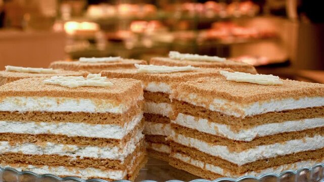 Pieces of cake lie on a rotating glass display case in a pastry shop. Desserts in the cafe window.