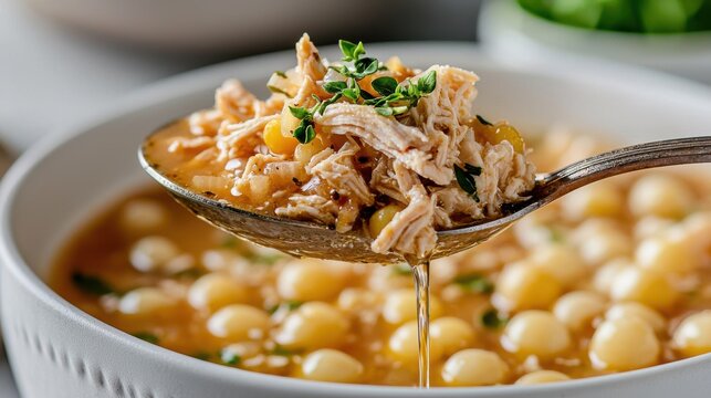 Premium chicken pozole with tender shredded meat and hominy kernels served on elegant spoon in upscale Mexican restaurant setting with fresh oregano garnish
