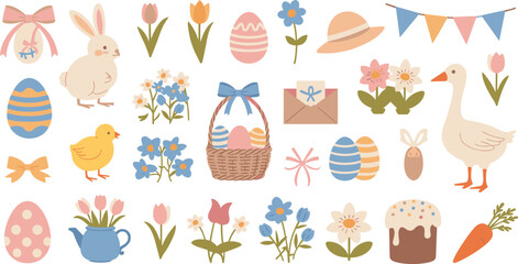 Easter collection with bunny chick goose eggs tulips flowers cake carrot and bunting © Siddhartha