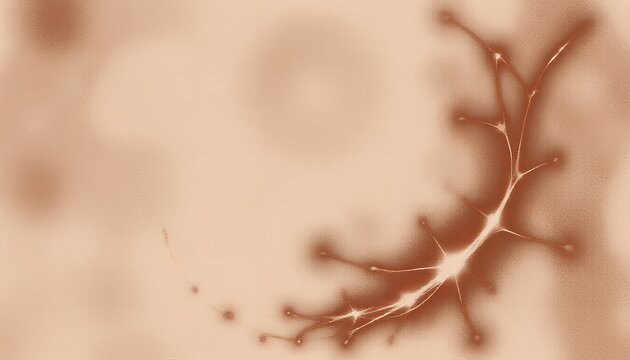 A neuron cell with dendrites and axon terminals is shown in a close-up view with a blurred background and a warm orange color tone.