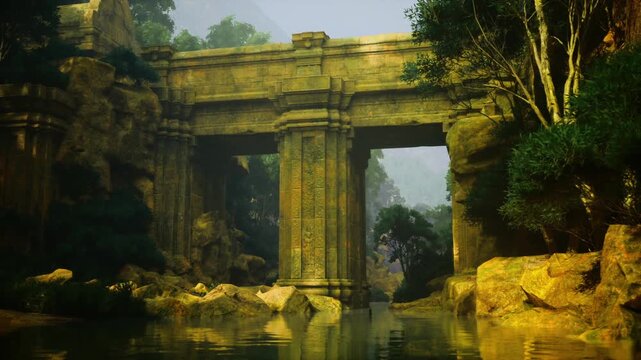 Serene reflective pool beneath ruin arch, golden haze and calm water mirror canopy and columns, soft shadows and verdant foliage framing tranquil landscape,