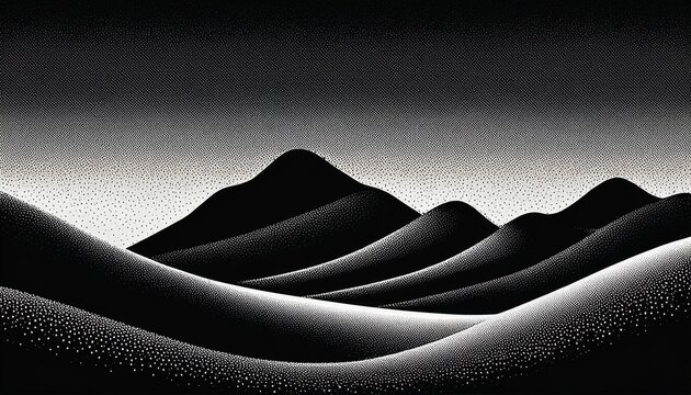 noise grain halftone hills and mountains landscape background black noise gradient dots mountain range with sand texture and stipple pattern abstract grain hills terrain and waves dotwork
