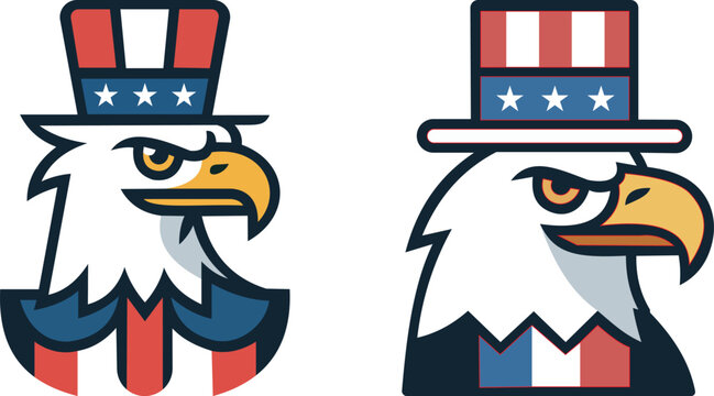 Set of two Patriotic american bald eagle mascot wearing uncle sam top hat