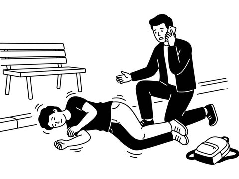 person having seizure depicting bystander calling emergency services for medical and first aid use vector