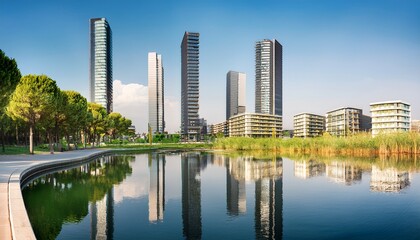 Obraz premium view of bosco verticale residential towers reflected on water surface in the modern porta nuova district contemporary architecture and urban skyline