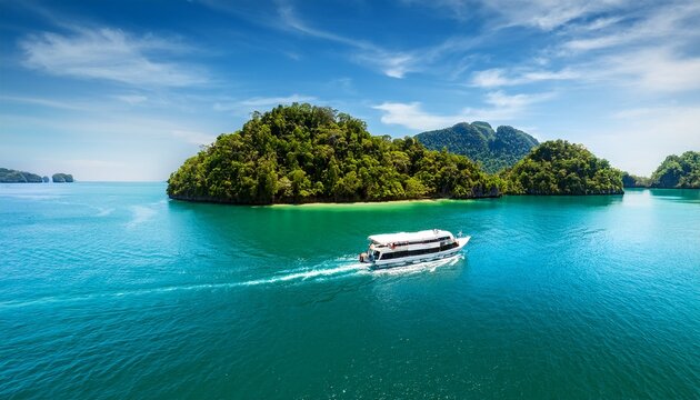 boat cruising through beautiful islands and nature in langkawi malaysia