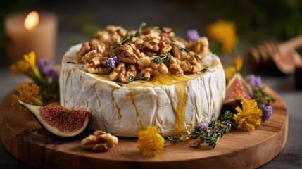 Fototapeta premium gourmet cheese celebration, world bee day marked with an artisan cheese board, showcasing a baked brie adorned with honey, nuts, and figs, blending rustic and upscale
