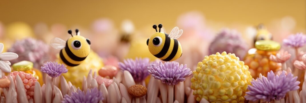 digital illustration, top visual designers world bee day web banner features cute honeybees, wildflowers, and honey jars in a bright palette with cinematic lighting for a charming aesthetic text not